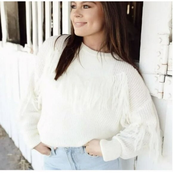 Anthropologie bishop + young Fringe Boho Western Ivory Sweater Medium NEW - Picture 1 of 7